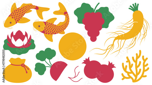 Still Life of Lucky Symbols, including Goldfish, Ginseng, Lotus, Beetroot, Pomegranates and a Moneybag