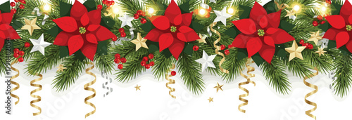 Festive Christmas border with vibrant red poinsettias, sparkling stars, and twinkling lights on lush green fir branches, ideal for holiday designs