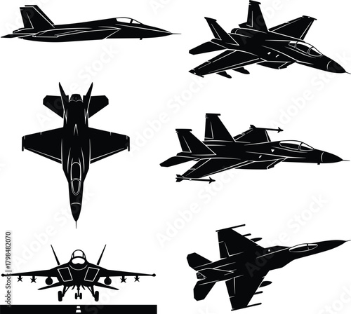 Military fighter jet silhouette set featuring multiple aircraft angles, detailed black combat airplane illustrations for aviation, defense, and aerospace design projects