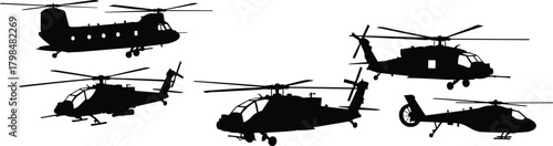 military helicopter silhouettes, combat aircraft vector, war chopper icons, rotorcraft set, tactical aviation graphics, army helicopter illustration