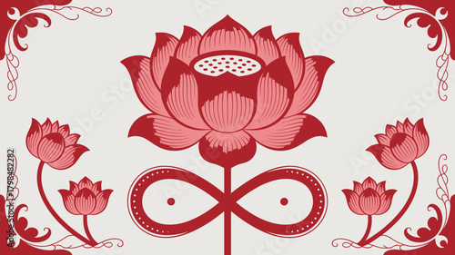 Stylized Lotus Flower Arrangement in Shades of Red with Ornate Scrollwork Borders