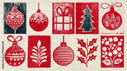 a linocut print of stylized christmas ornaments, trees, presents, holly, arranged in blocks like a quilt pattern  