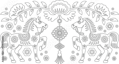 Symmetrical Horse Coloring Page with Floral Decorations and Oriental Charm for Relaxation Art