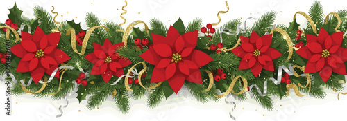 Festive Christmas Garland Border Red Poinsettias, Green Fir, Gold Ribbons, Silver Tinsel. Elegant Holiday Decoration for Seasonal Designs and Celebrations