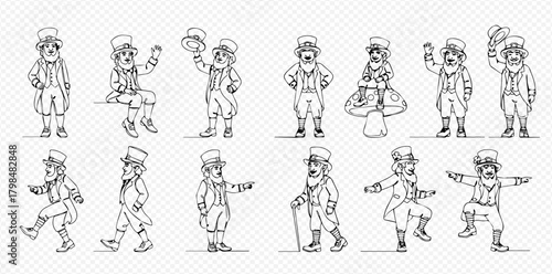 Set of black and white line art illustrations depicting a cartoon leprechaun or gnome character in various poses, wearing a top hat and suit.