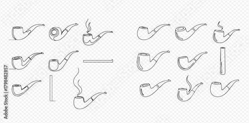 Collection of hand-drawn smoking pipes in various styles, some emitting smoke, on a transparent background.