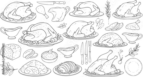 Festive Feast: Thanksgiving or Christmas Dinner Line Art Illustration