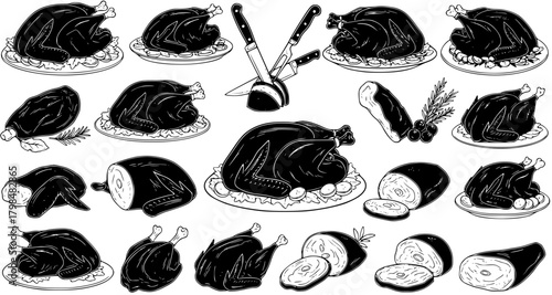 Vintage Hand-Drawn Roasted Chicken, Turkey, and Ham Meat Cuts Collection - Black and White Sketch for Dinner and Holiday Meals