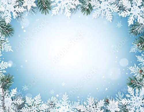 A festive blue background with a snowy border of snowflakes and evergreen branches
