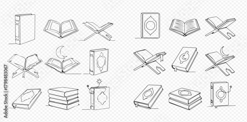 Hand-drawn sketch icons of the Holy Quran in various forms, including open books, closed books, and books on traditional rehal stands, depicting Islamic religious texts.