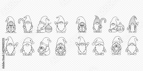 Collection of cute line art gnomes in various poses, holding holiday items like gifts, candy canes, and lanterns, perfect for festive designs.