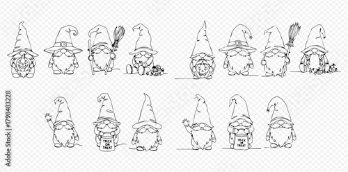 Collection of whimsical line art gnomes with pointy hats and long beards, some holding objects.