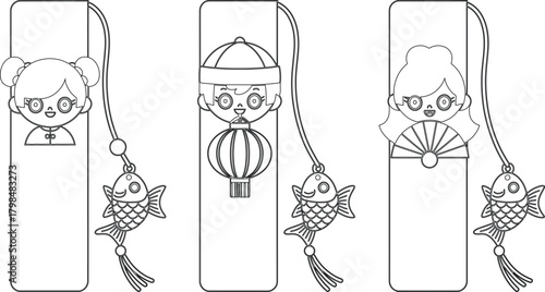 Three Chinese New Year Bookmarks with Girl, Boy, and Hand Fan Drawings and Fish Charms