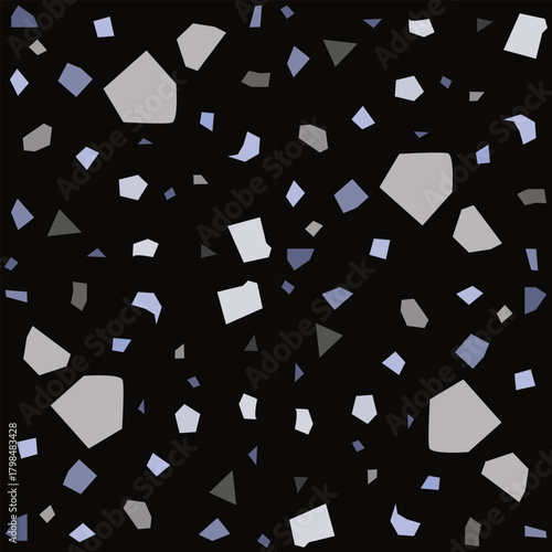 Gray terrazzo on black background. Seamless pattern. Set of different marble surface. Vector illustration
