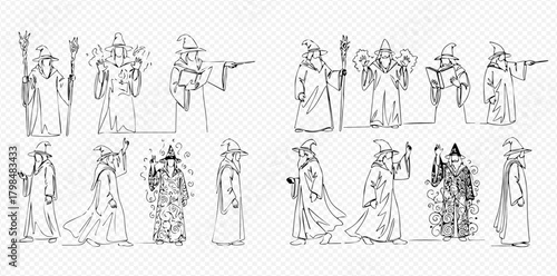 Collection of line art sketches depicting a wizard character in various magical poses, holding staff and casting spells.