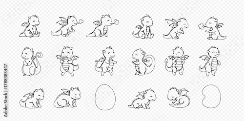 Cute baby dragon line art illustrations in various poses with egg and empty egg shape.