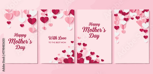 Happy Mother's Day greeting card illustrations with falling hearts on a soft pink background, celebrating motherhood and love