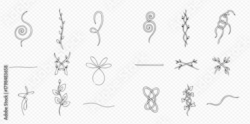 Set of abstract continuous line art decorative elements including swirls, floral patterns, knots, and minimalist dividers for graphic design.