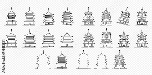 Collection of hand-drawn Japanese and Chinese pagoda illustrations, featuring various styles from detailed sketches to simple outlines, on a transparent background.