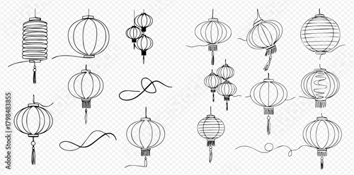 Continuous line art drawing of various traditional Chinese lanterns, showcasing different shapes and styles in a minimalist sketch.