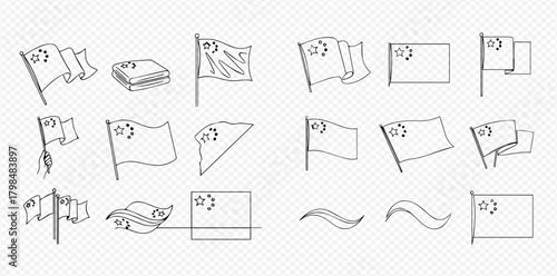 Hand-drawn sketch collection of Maldives flags in various states and orientations, including waving, folded, and static designs.