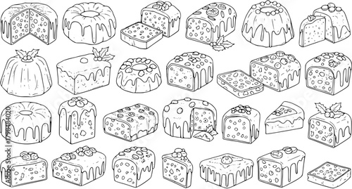A collection of various Christmas and holiday cakes, sweet desserts, and pastries in different shapes and styles, presented as detailed black and white line art illustrations