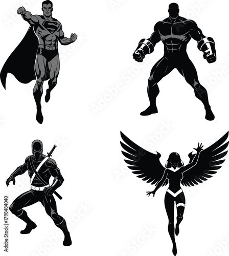 Dynamic superhero silhouettes in action poses, powerful comic-style characters, flying warrior figures, heroic fighters for graphic design and illustration projects