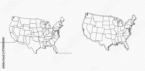 Minimalist continuous line art drawing of the United States map with state borders.