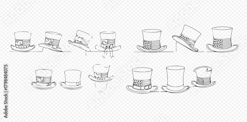 A collection of hand-drawn line art illustrations depicting various top hats in different angles and styles on a transparent background.