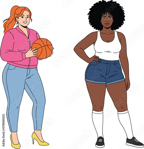 Diverse young women standing together illustration, casual fashion style, confident female characters in sports and streetwear outfit, modern vector artwork