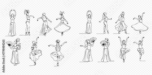 Collection of continuous line drawings depicting female dancers in cultural costumes performing various traditional dance forms.