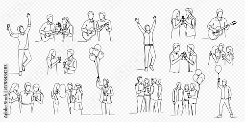 A collection of continuous line art drawings depicting people celebrating, socializing, playing music, and toasting at parties and events.