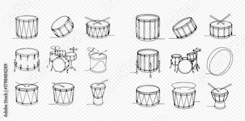 Set of continuous line art illustrations depicting various types of drums and full drum kits, including snare, bass, tom-tom, conga, bongo, and djembe drums, some with drumsticks.