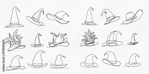 Collection of hand-drawn witch hats and carnival caps in continuous line art style, isolated on transparent background, perfect for Halloween and fantasy designs.