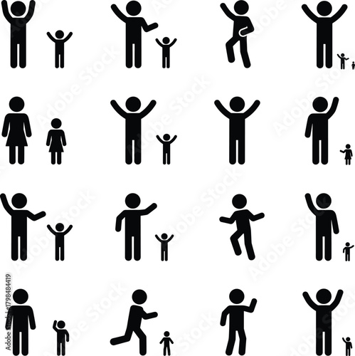 Family and children silhouette icons showing parent child activities walking waving running playful stick figure characters in minimalist simple black style