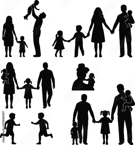 Family silhouettes collection, parents with children, loving family moments, mother father kids walking, parent child holding hands, childcare concept illustration