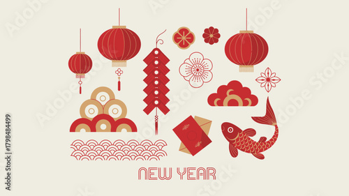 Vibrant Chinese New Year Illustration Lanterns, Firecrackers, Gold Coins, Fish, and Festive Decorations