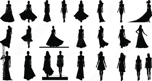 Female fashion silhouettes, elegant dress poses, runway model collection, stylish vector illustration for design, apparel, boutique, garment, beauty, and fashion content