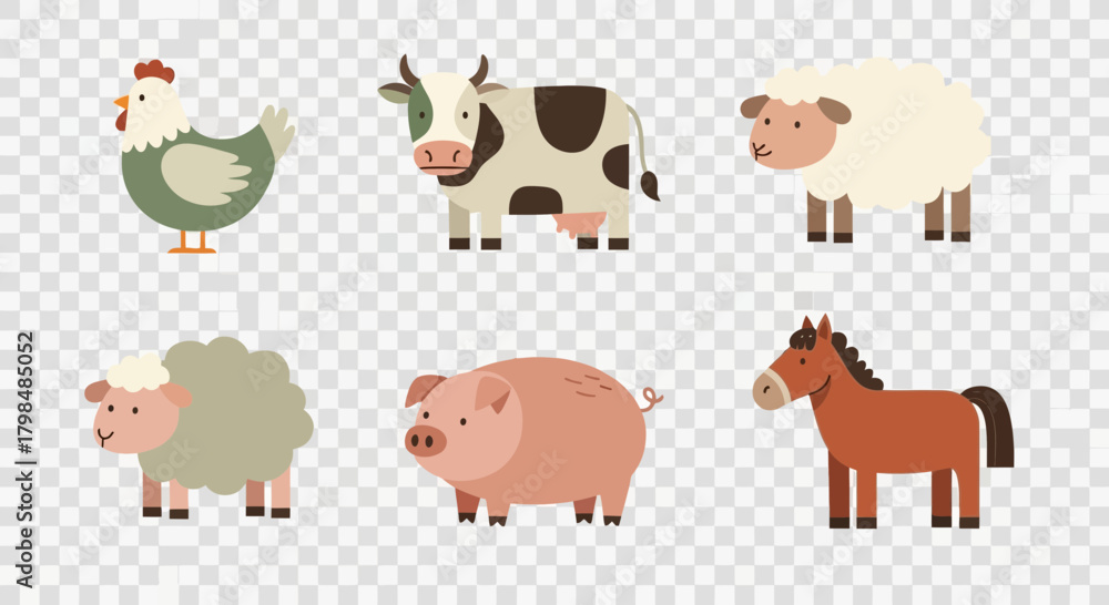 Fototapeta premium Adorable farm animals cartoon illustration featuring chicken, cow, sheep, pig and horse design