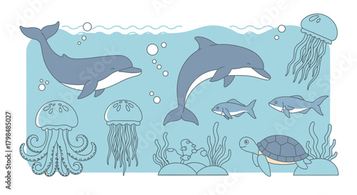 Delightful underwater marine life cartoon illustration featuring dolphins jellyfish and turtles