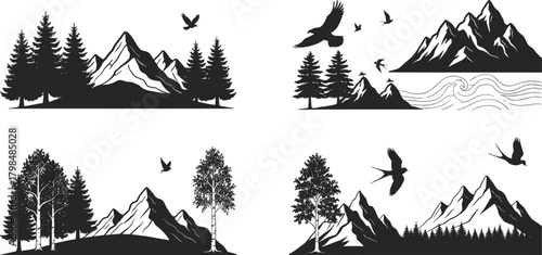 Mountain silhouettes with trees and birds, black and white nature landscape vector, serene wilderness illustration, minimalist forest scenery for design and decor