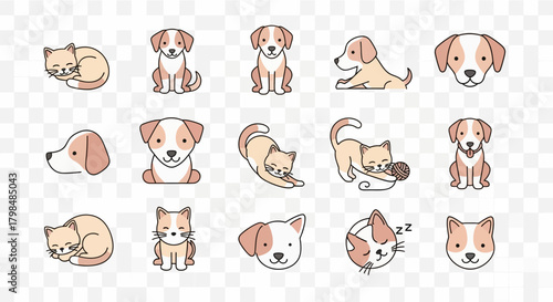 Cute Cartoon Dogs and Cats Illustration Set with Various Poses and Expressions for Graphic Design