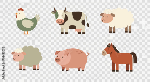 Adorable farm animals cartoon illustration featuring chicken, cow, sheep, pig and horse design