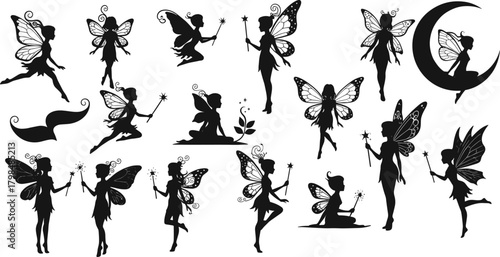 Fairy silhouette collection, magical fantasy poses, enchanted winged figures, whimsical vector illustration for storytelling, decoration, mystical themes, children’s art, and design