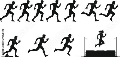 Running and jumping silhouette set, athletic motion sequence, sports vector illustration, black human figure clipart, dynamic movement design, isolated track action