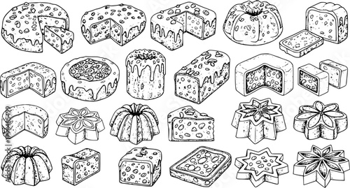 Hand-drawn collection of diverse cakes and sweet desserts, featuring slices and whole pieces in various shapes (round, loaf, bundt, star), perfect for bakery design.