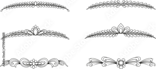 Ornamental floral divider set, decorative vintage embellishments, elegant vector elements, symmetrical scroll motifs, black and white design, classic graphic accents, isolated clipart