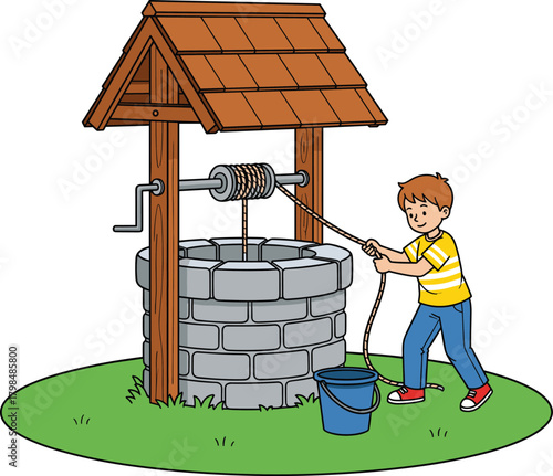 Cartoon boy at water well, traditional crank system, rural outdoor scene, vector illustration, drawing water, educational clipart, isolated design, childhood activity