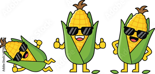 cute corn characters, cool maize mascot, cartoon vegetable illustration, funny corn with sunglasses, happy food character design clipart