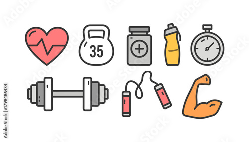 Fitness, Gym, and Bodybuilding Flat Line Icon Set: Heartbeat, Kettlebell, Medicine Bottle, Water Bottle, Dumbbell, Jump Rope, and Biceps Muscle Symbols